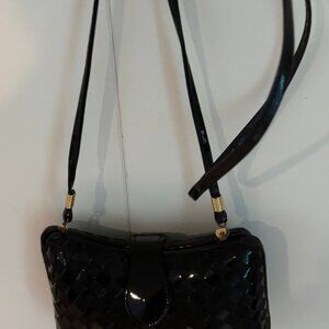 Black Woven Patent Leather Clamshell Bag